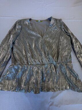 Gianni Bini Pleated Silver Peplum Blouse Size S
